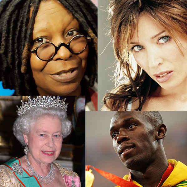 Whoopi Goldberg, Kylie Minogue, Queen Elizabeth, Usain Bolt